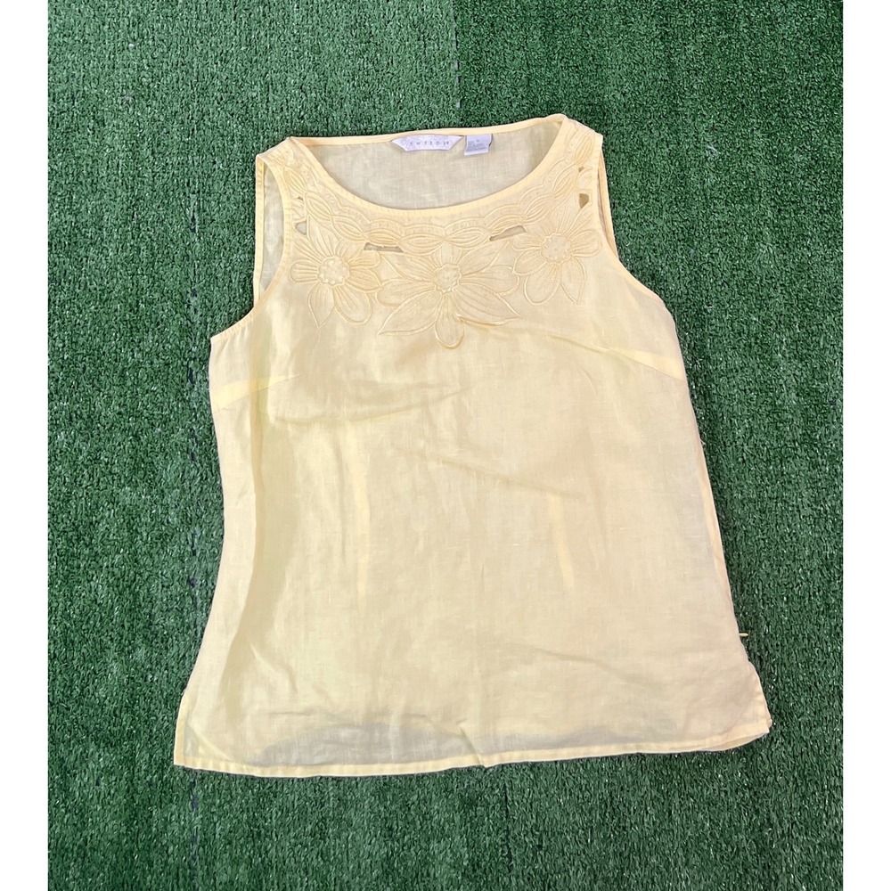Tweed 58 Yellow Linen Sleeveless Floral Embroidered Cutout Top Womens Size S